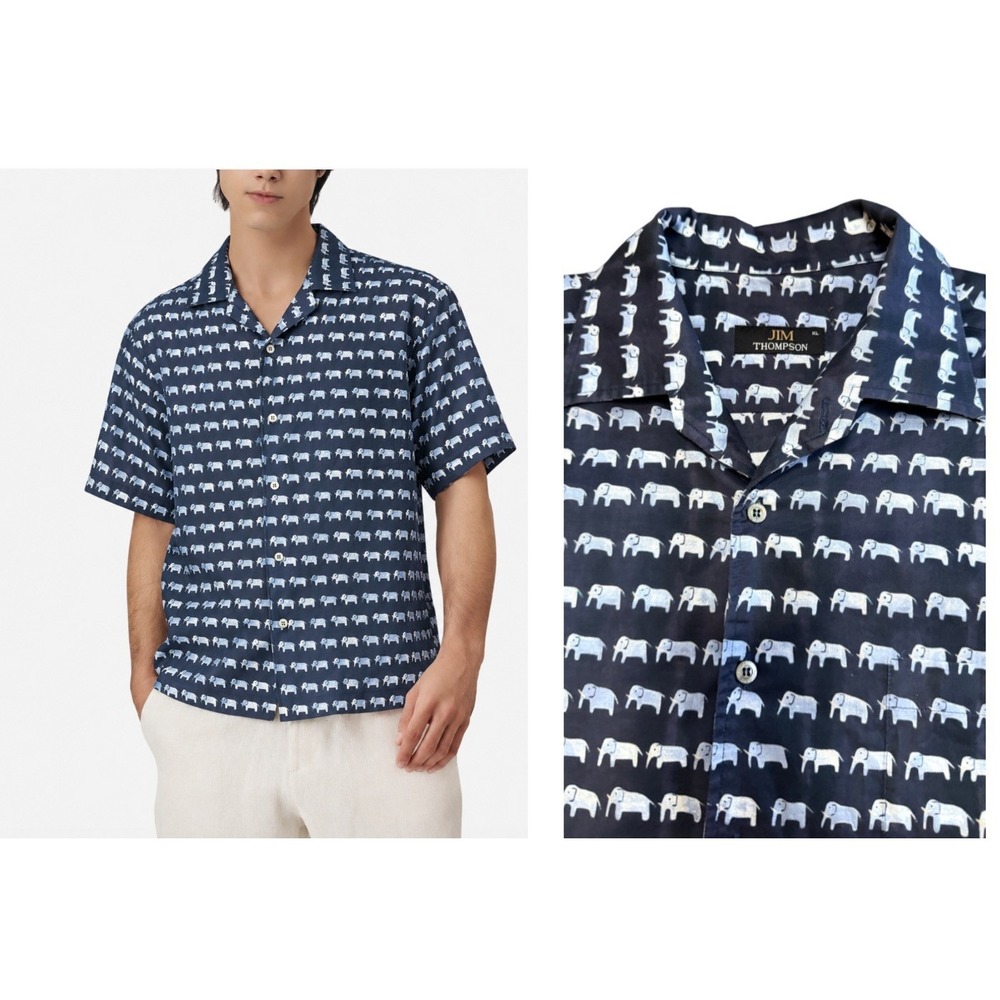 Jim Thompson Elephant Print Shirt Navy Blue Cotton Camp Collar XL